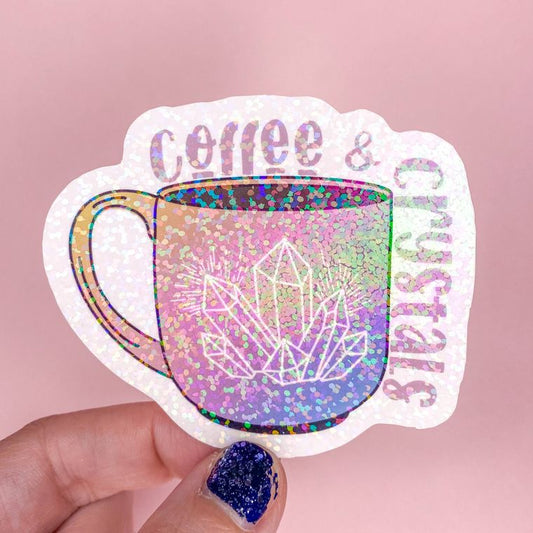 Holographic Glitter Coffee & Crystals Mug Sticker  | Witchy